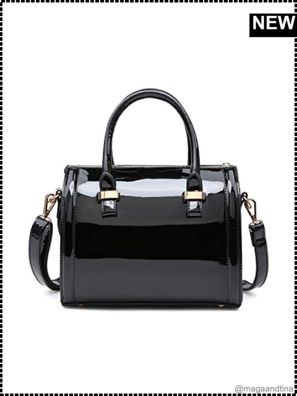 Faux Patent Leather Barrel Satchel Handbag Top Handle Purse for Women